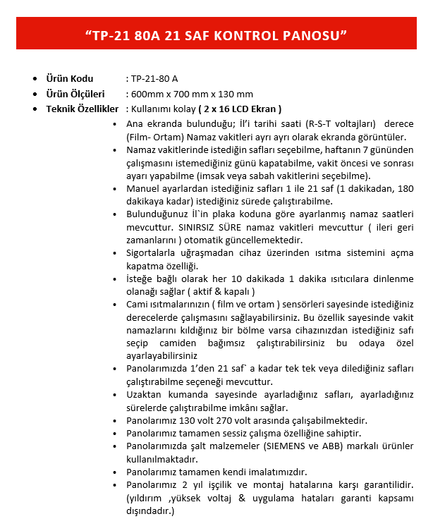 TP-21-80 WİFİ'Lİ KONTROL PANOSU