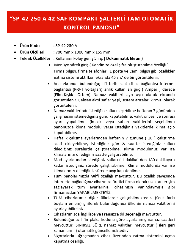 SP-42-250 A TAM OTOMATİK KONTROL PANOSU